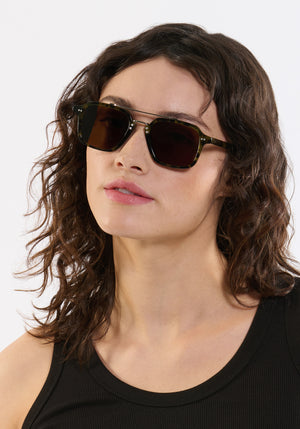 COLTON | Tortuga Silver Handcrafted, luxury dark brown tortoise acetate and stainless steel square aviator KREWE sunglasses womens model | Model: Ione