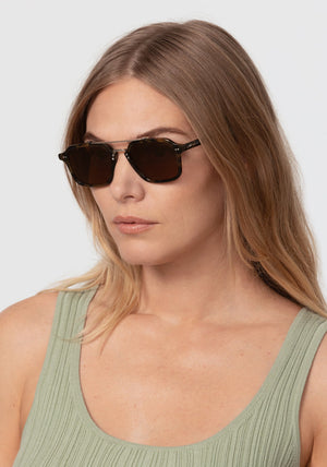 COLTON | Tortuga Silver Handcrafted, luxury dark brown tortoise acetate and stainless steel square aviator KREWE sunglasses womens model | Model: Maritza