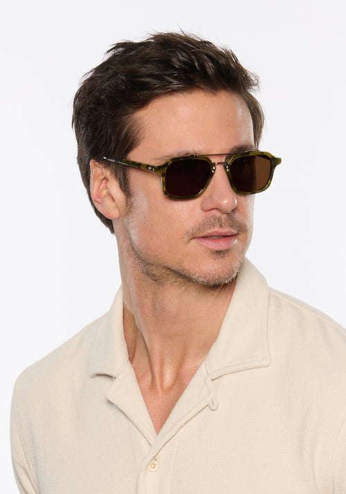 COLTON | Tortuga Silver Handcrafted, luxury dark brown tortoise acetate and stainless steel square aviator KREWE sunglasses mens model | Model: Tom