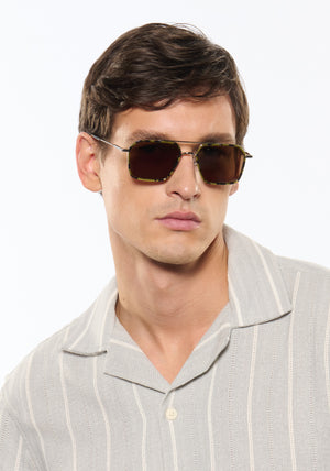 COLTON | Tortuga Silver Handcrafted, luxury dark brown tortoise acetate and stainless steel square aviator KREWE sunglasses mens model | Model: Jegor