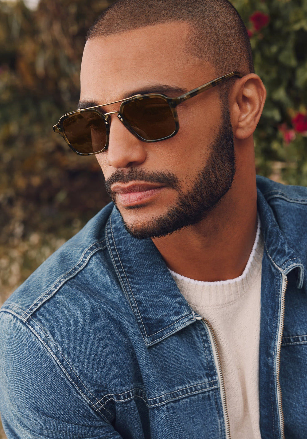 COLTON | Tortuga Silver Handcrafted, luxury dark brown tortoise acetate and stainless steel square aviator KREWE sunglasses mens model campaign | Model: Nathan