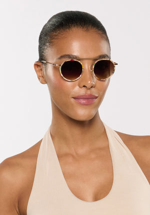 CONTI | Sucre 18k Handcrafted colorful tortoise round aviator titanium and acetate KREWE sunglasses womens model | Model: Sasha