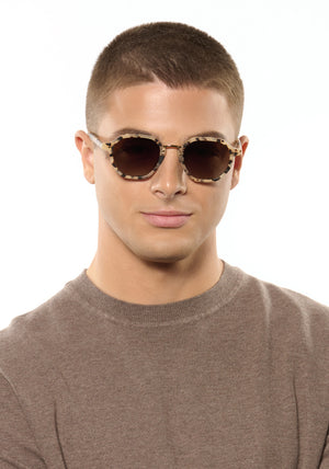 DAKOTA | Matte Oyster 18K Polarized Handcrafted, luxury brown tortoise matte acetate geometric KREWE sunglasses mens model | Model: Joey
