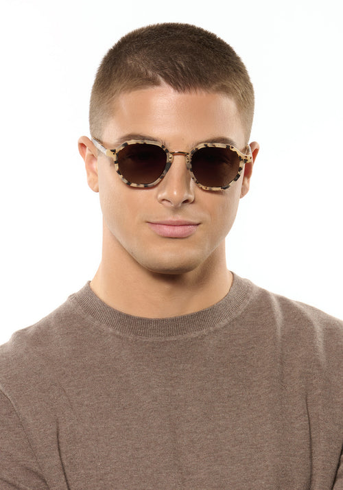 DAKOTA | Matte Oyster 18K Polarized Handcrafted, luxury brown tortoise matte acetate geometric KREWE sunglasses mens model | Model: Joey