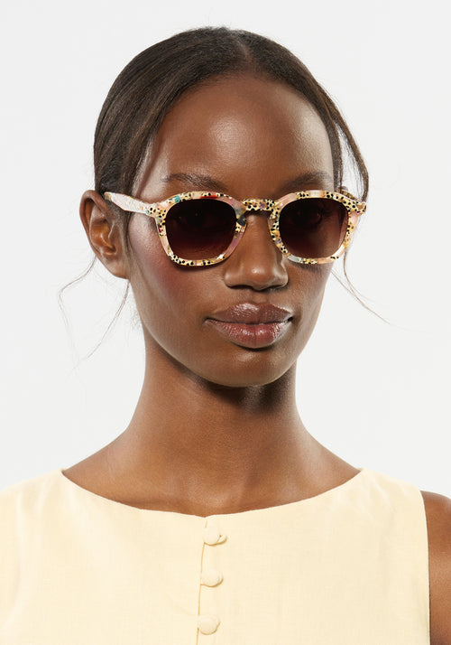 DYLAN | Pink Poppy Handcrafted, luxury speckled multicolored acetate square classic KREWE sunglasses womens model | Model: Brenda