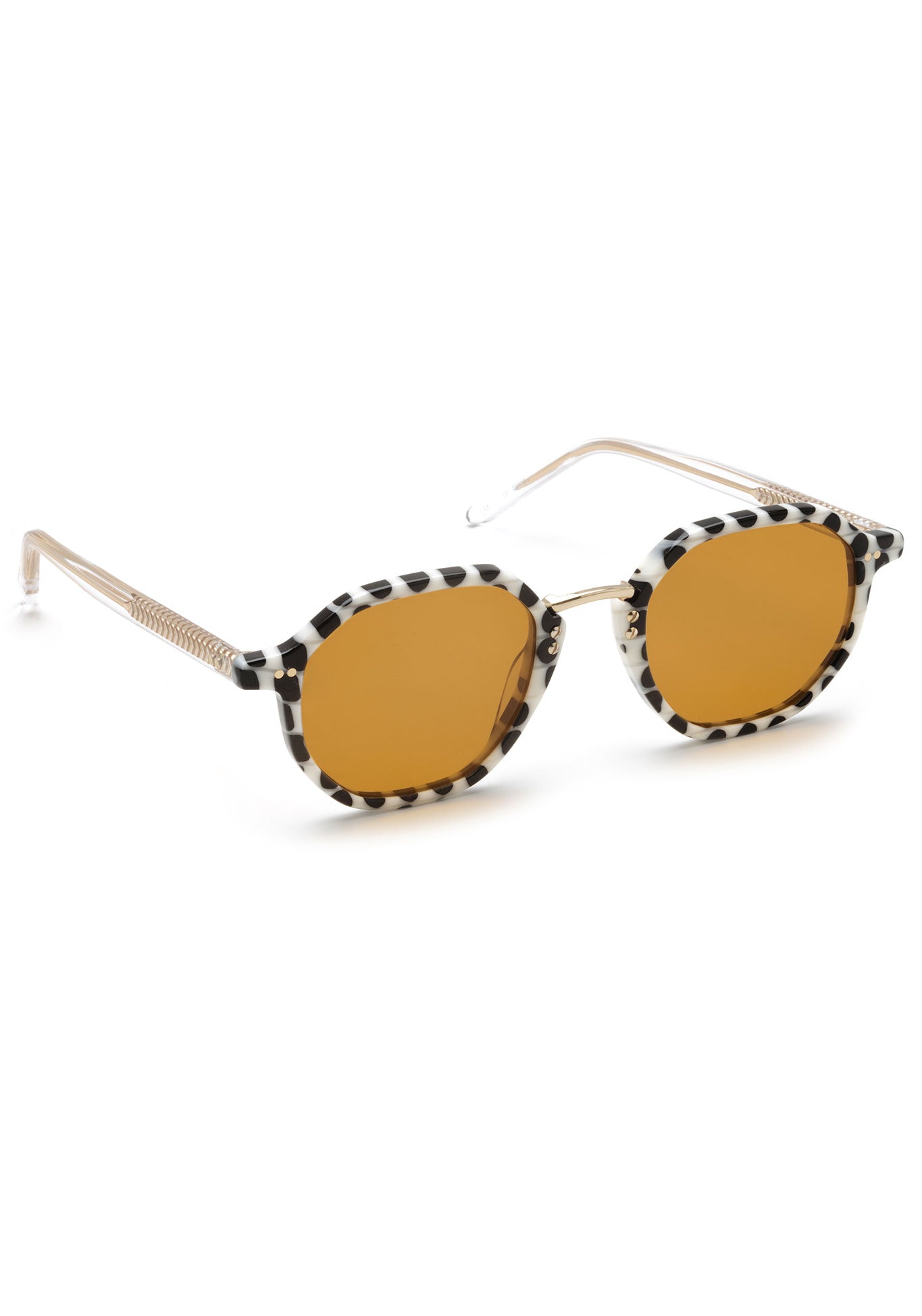 KREWE SUNGLASSES - DAKOTA | Domino + Crystal 12K + Custom Vanity Tint handcrafted, geometic sunglasses with balck and white acetate and amber tinted lenses