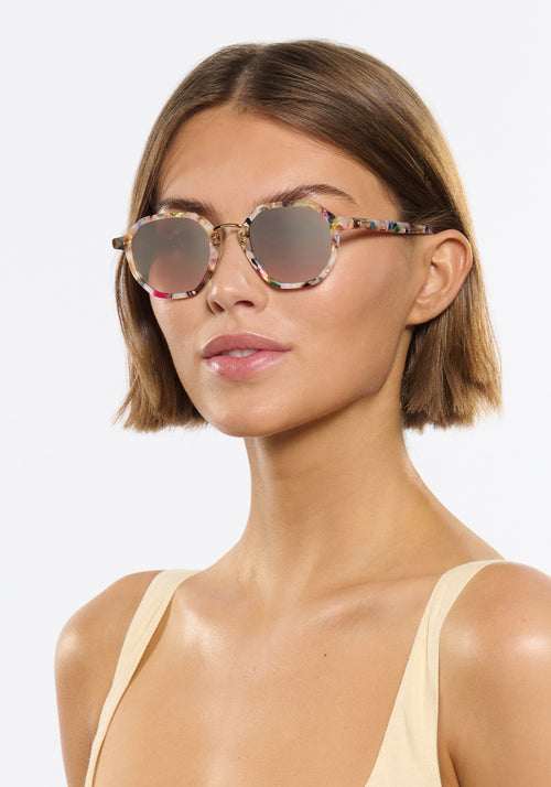 KREWE DAKOTA | Gelato Mirrored Handcrafted, luxury, deisgner multicolored acetate sunglasses womens model campaign | Model: Michelle