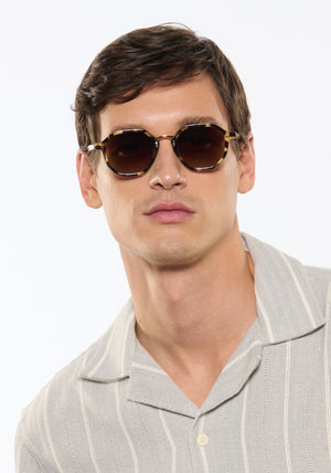 KREWE DAKOTA | Iberia + Haze Polarized 18K Handcrafted, luxury, designer tortoise shell acetate sunglasses mens model | Model: Jegor
