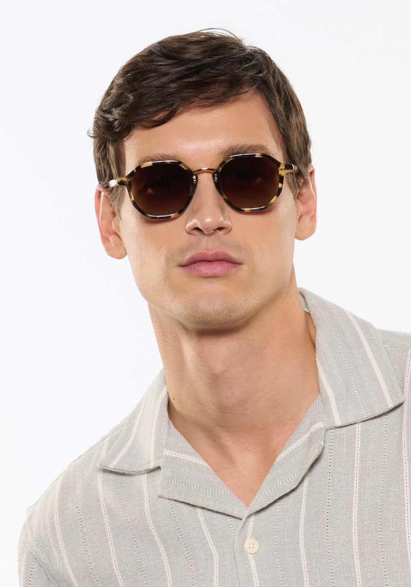 KREWE DAKOTA | Iberia + Haze Polarized 18K Handcrafted, luxury, designer tortoise shell acetate sunglasses mens model | Model: Jegor