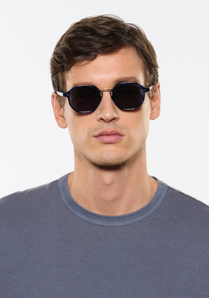 DAKOTA | Indigo Tortoise Silver Polarized Handcrafted, luxury, dark blue tortoise acetate polarized KREWE sunglasses with silver bridge and hardware mens model | Model: Jegor