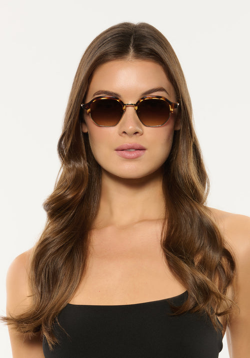 DAKOTA REVIVAL | Venezia 12K Handcrafted, luxury brown tortoise acetate geometric KREWE sunglasses womens model | Model: Kennidy