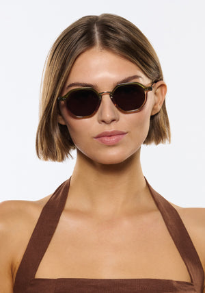 KREWE DAKOTA | Wasabi 12K Handcrafted, Luxury Designer Green and Orange Gradient Acetate Sunglasses womens model | Model: Michelle