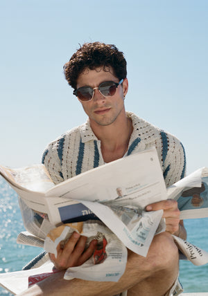 DAKOTA REVIVAL | Black Tea 18K Handcrafted, luxury black acetate geometric KREWE sunglasses mens model | Model: Mateo