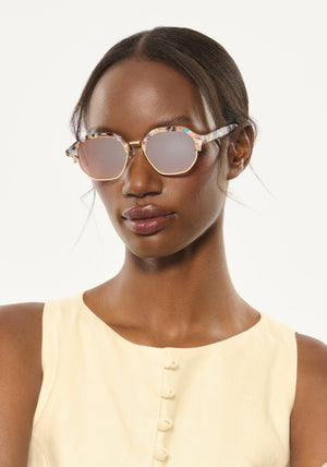 DAKOTA REVIVAL | Gelato 18K Mirrored Handcrafted, luxury multicolored tortoise acetate geometric KREWE sunglasses womens model | Model: Brenda