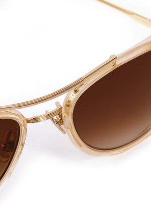 DALLAS | 12K Titanium + Champagne Handcrafted, luxury champagne yellow acetate KREWE aviator sunglasses with gold plated titanium hardware womens model