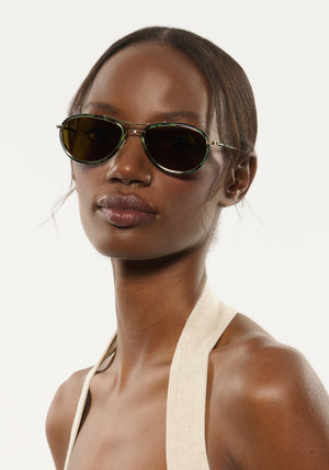 DALLAS | 12K Titanium + Hemlock Tortoise Handcrafted, luxury green tortoise acetate KREWE aviator sunglasses with gold plated titanium hardware womens model | Model: Brenda