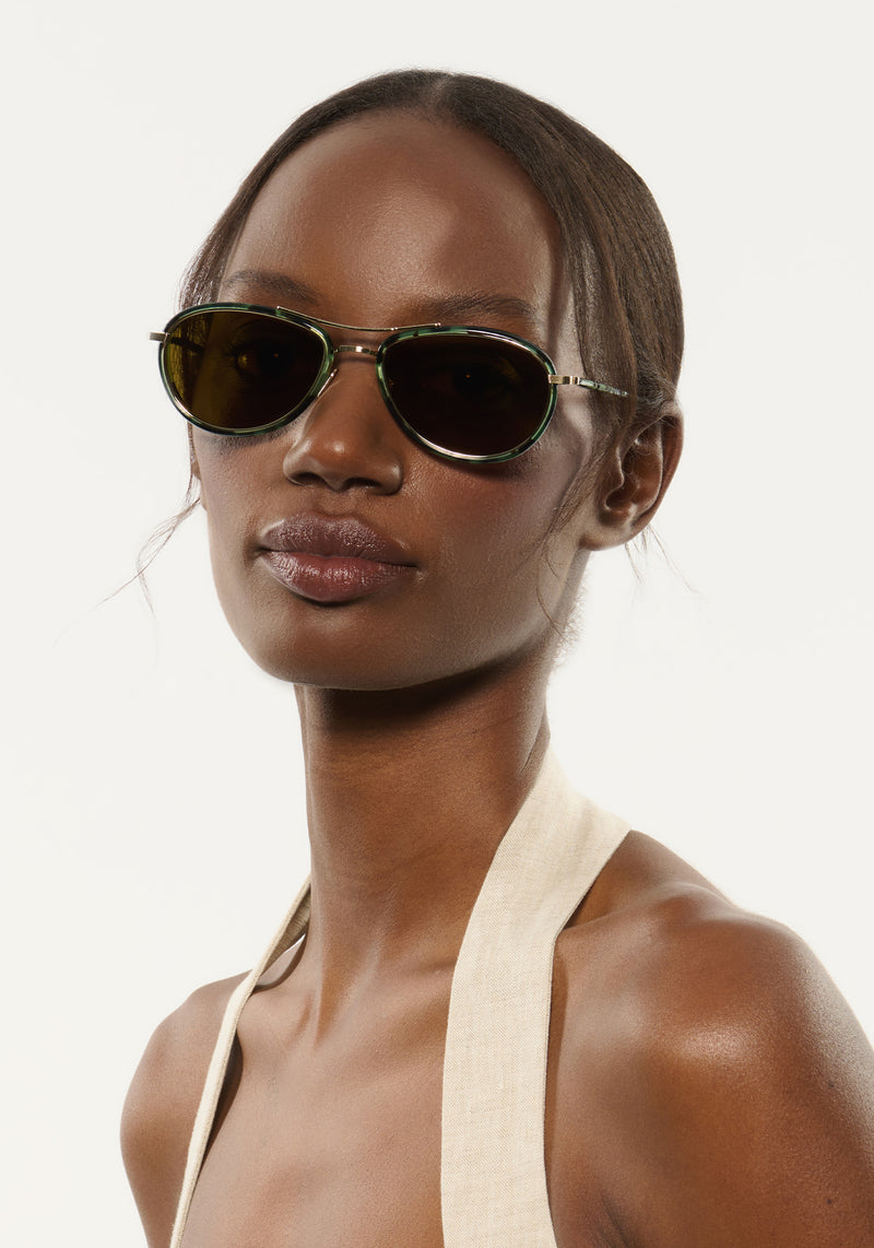 DALLAS | 12K Titanium + Hemlock Tortoise Handcrafted, luxury green tortoise acetate KREWE aviator sunglasses with gold plated titanium hardware womens model | Model: Brenda