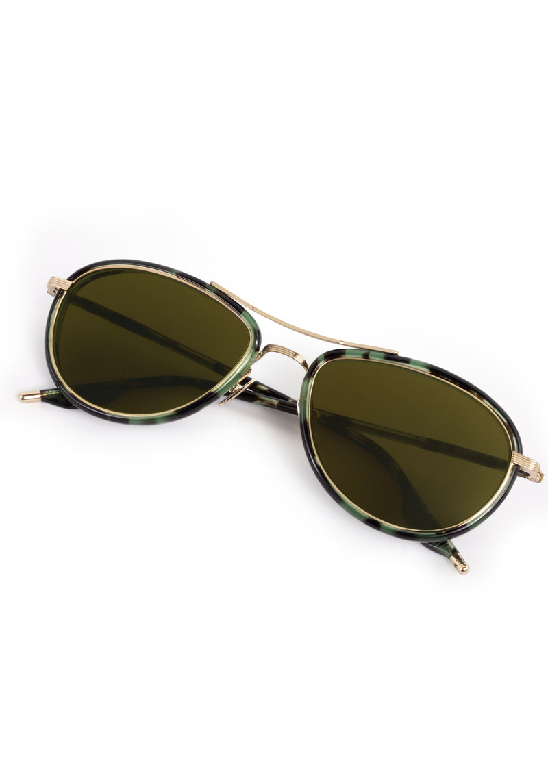 DALLAS | 12K Titanium + Hemlock Tortoise Handcrafted, luxury green tortoise acetate KREWE aviator sunglasses with gold plated titanium hardware 