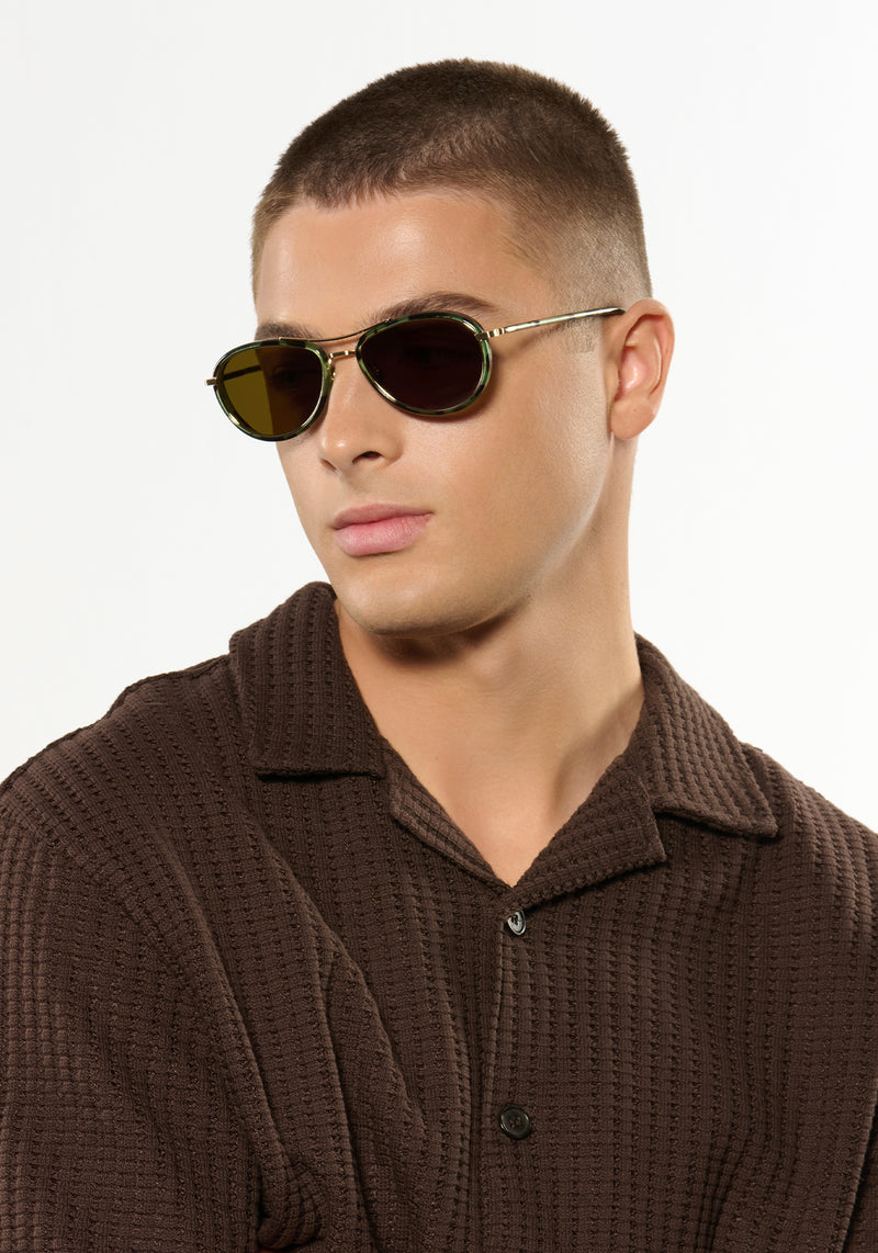 DALLAS | 12K Titanium + Hemlock Tortoise Handcrafted, luxury green tortoise acetate KREWE aviator sunglasses with gold plated titanium hardware mens model | Model: Joey
