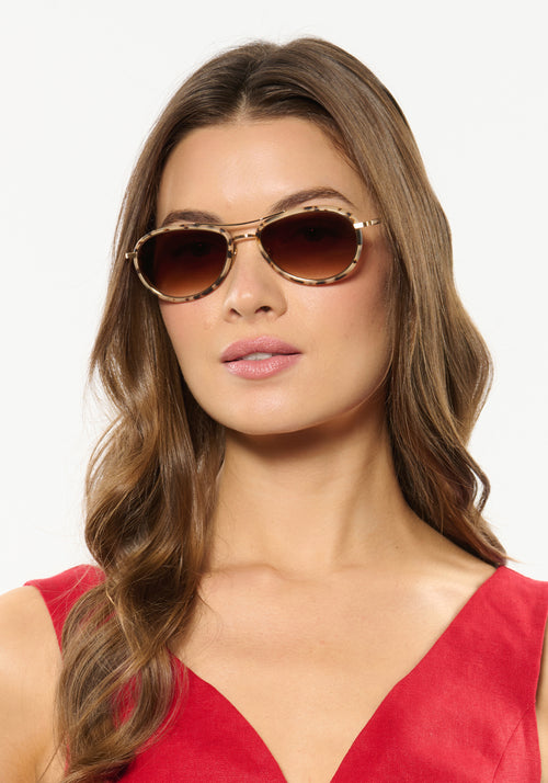 DALLAS | 18K Titanium + Matte Oyster Handcrafted, luxury light brown tortoise acetate KREWE aviator sunglasses with gold plated titanium hardware womens model | Model: Kennidy