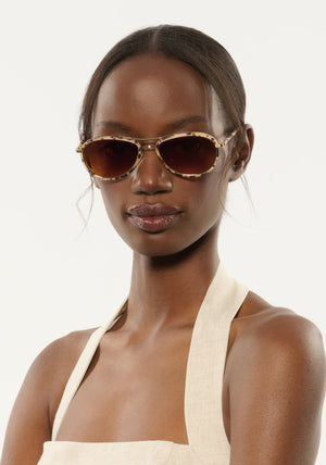 DALLAS | 18K Titanium + Matte Oyster Handcrafted, luxury light brown tortoise acetate KREWE aviator sunglasses with gold plated titanium hardware womens model | Model: Brenda