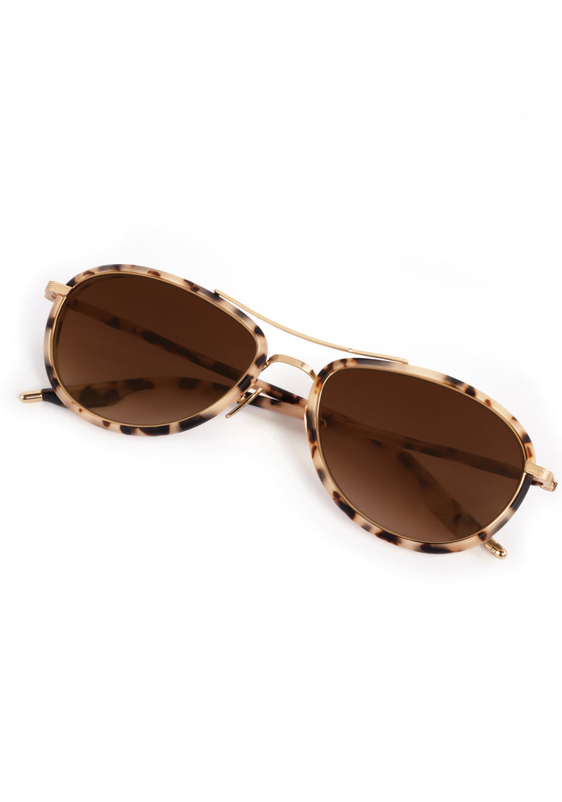 DALLAS | 18K Titanium + Matte Oyster Handcrafted, luxury light brown tortoise acetate KREWE aviator sunglasses with gold plated titanium hardware 