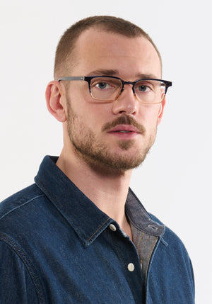 KREWE DAWSON | Comet + Twilight handcrafted, luxury yellow and navy split acetate eyeglasses mens model | Model: Connor