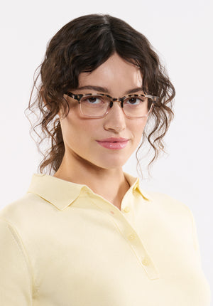 KREWE DAWSON | Malt to Petal Handcrafted, Luxury Pink and Tortoise Split Acetate Eyeglasses womens model | Model: Ione