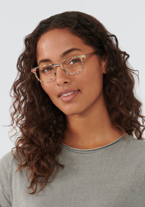 DAWSON | Poppy + Buff Handcrafted, Luxury colorful and crystal temples Acetate Eyeglasses womens model | Model: Meli