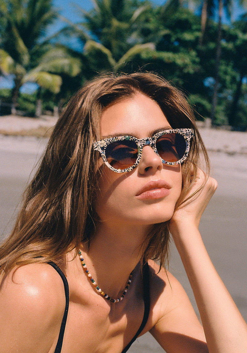 DEVON | Granita Handcrafted, luxury speckled multicolored acetate round classic KREWE sunglasses womens model | Model: Gwen