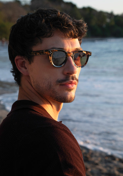 DEVON | Nikko Tortoise Handcrafted, luxury brown tortoise acetate round classic KREWE sunglasses mens model | Model: Jacob