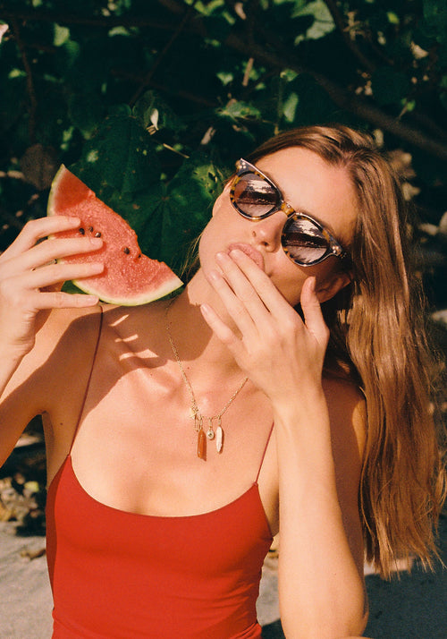 DEVON | Nikko Tortoise Handcrafted, luxury brown tortoise acetate round classic KREWE sunglasses womens model | Model: Gwen