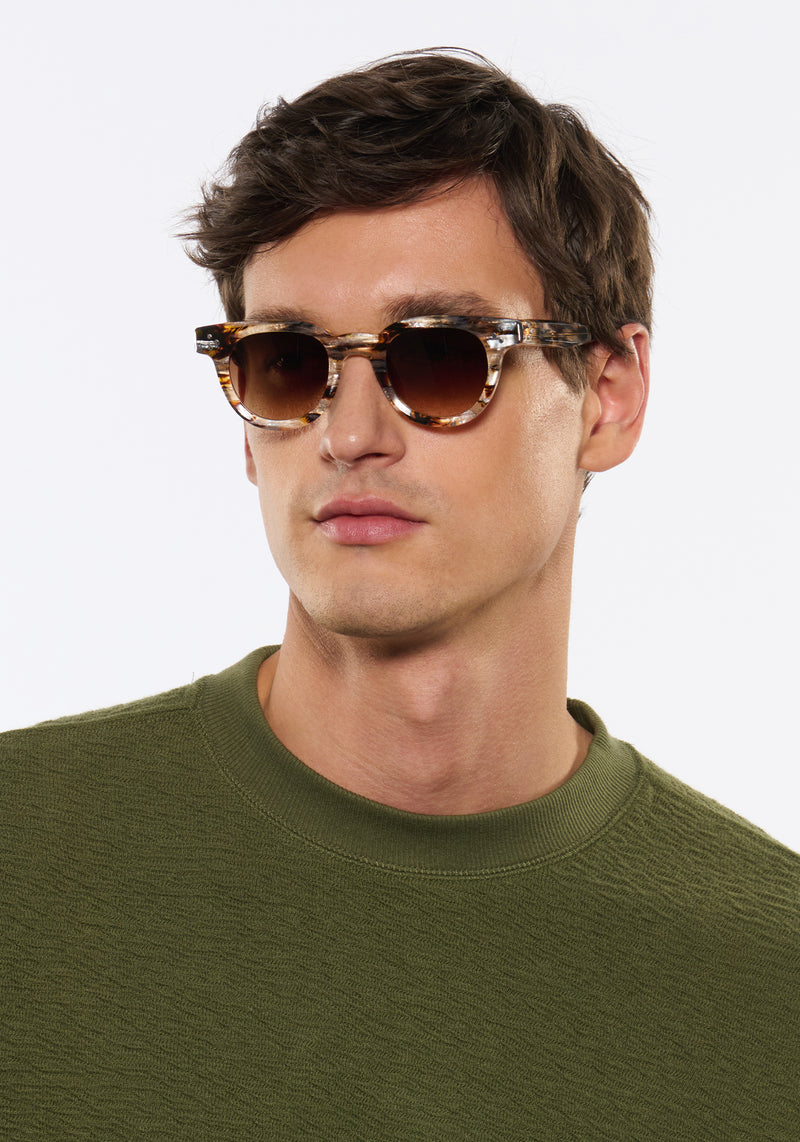 DEVON | Plume Handcrafted, luxury brown iridescent tortoise acetate round classic KREWE sunglasses mens model | Model: Jegor