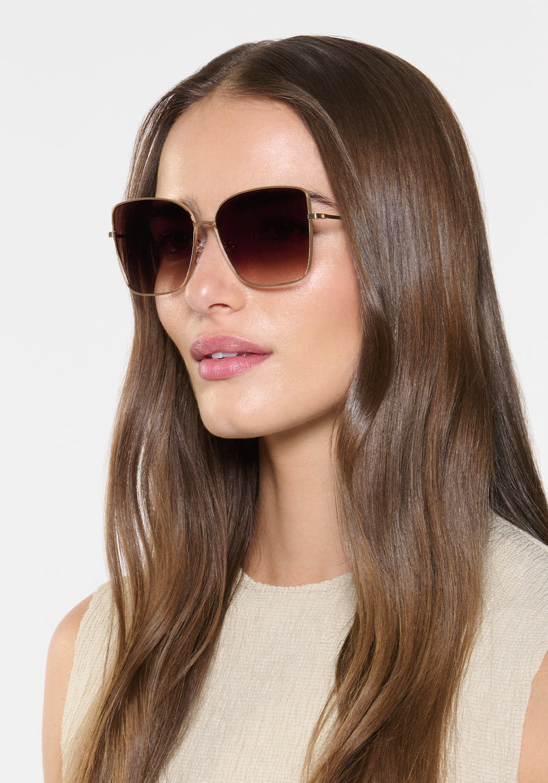 KREWE - Designer Oversized Butterfly Sunglasses - DOLLY | 12K + Matte Oyster Handcrafted, luxury 12K Gold plated metal sunglasses. Similar to Oliver Peoples sunglasses, Tom Ford sunglasses womens model | Model: Sam