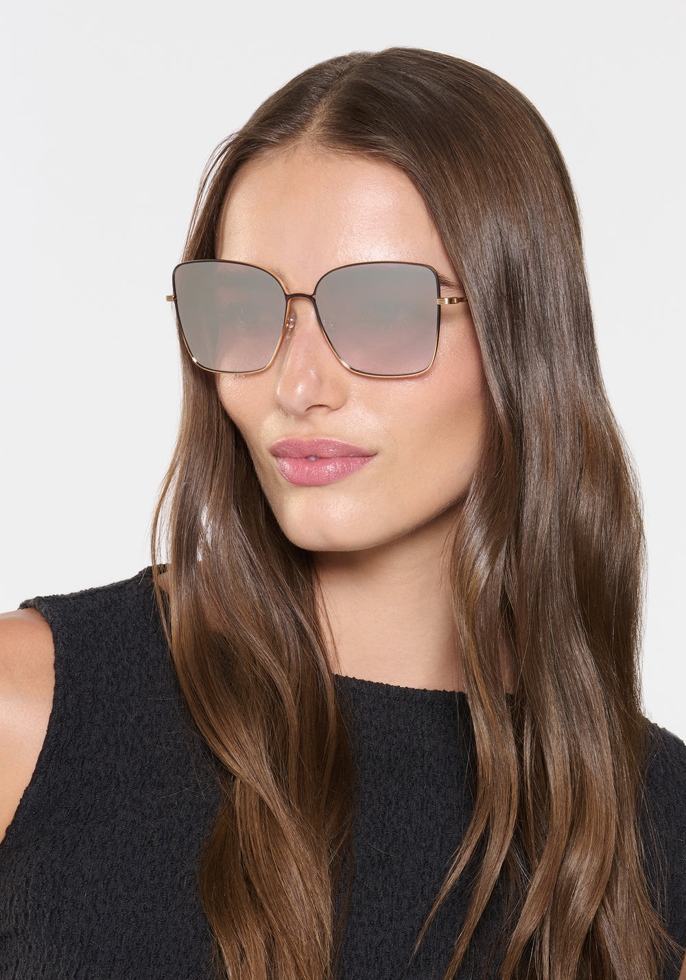 DOLLY | Matte Black Fade + 24K  Mirrored Handcrafted, luxury 24K gold plated stainless steel KREWE sunglasses womens model | Model: Sam