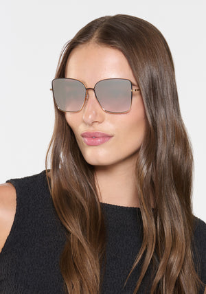 DOLLY | Matte Black Fade + 24K  Mirrored Handcrafted, luxury 24K gold plated stainless steel KREWE sunglasses womens model | Model: Sam