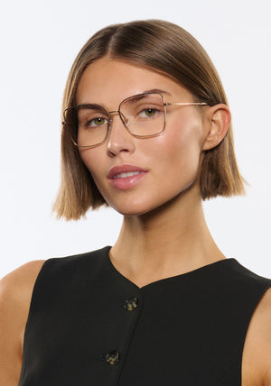 DOROTHY | 18K + Black Fade + Poppy Handcrafted, 18K Gold Plated KREWE Eyeglasses womens model | Model: Michelle