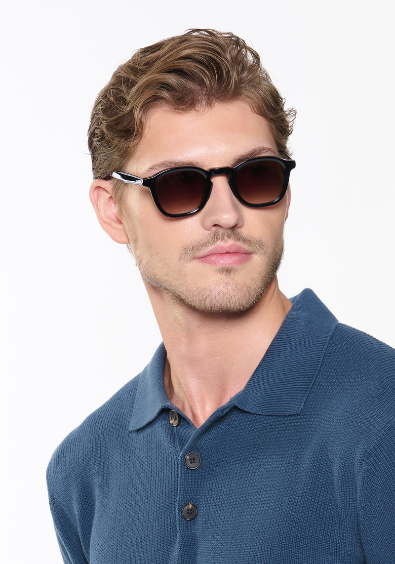 DYLAN | Black + Black Tea Handcrafted, luxury black acetate square classic KREWE sunglasses mens model | Model: Linus