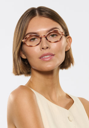 EDIE | Blush Tort Handcrafted, luxury brown and pink tortoise acetate small round oval KREWE eyeglasses womens model | Model: Michelle