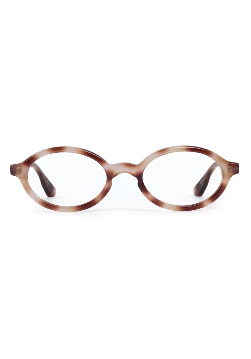 EDIE | Blush Tort Handcrafted, luxury brown and pink tortoise acetate small round oval KREWE eyeglasses