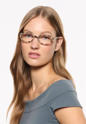 EDIE | Matte Oyster Handcrafted, luxury tortoise shell acetate small round oval KREWE eyeglasses womens model | Model: Isa