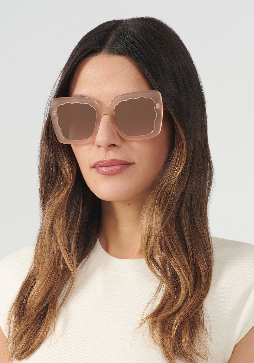KREWE SUNGLASSES - ELIZABETH | Blush Mirrored handcrafted, luxury pink acetate scalloped sunglasses womens model | Model: Olga