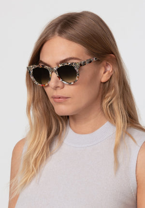 ELLIE | Poppy Handcrafted, luxury multicolored acetate round scalloped edge KREWE sunglasses womens model | Model: Maritza