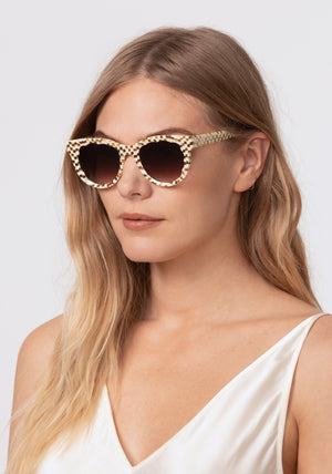 ELLIE | Yuzu Handcrafted, luxury yellow green checkered acetate round scalloped edge KREWE sunglasses womens model | Model: Maritza