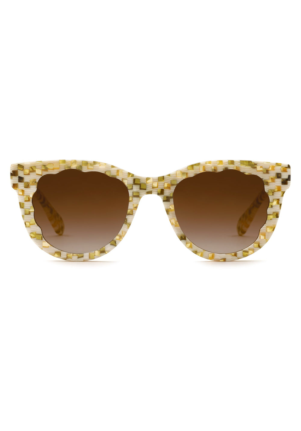 ELLIE | Yuzu Handcrafted, luxury yellow green checkered acetate round scalloped edge KREWE sunglasses