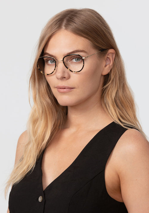 EMERSON | 18K Titanium + Black to Zulu Handcrafted, luxury black to tortoise acetate and metal teardrop aviator KREWE eyeglasses womens model | Model: Maritza