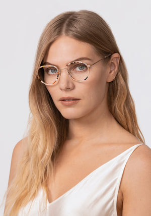 EMERSON | 18K Titanium + Gelato Handcrafted, luxury multicolored acetate and metal teardrop aviator KREWE eyeglasses womens model | Model: Maritza