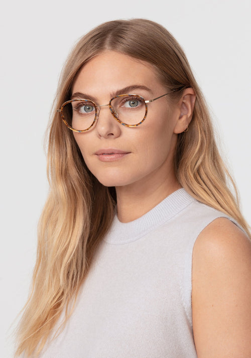 EMERSON | 12K Titanium + Heron Handcrafted, luxury multicolored acetate and metal teardrop aviator KREWE eyeglasses womens model | Model: Maritza