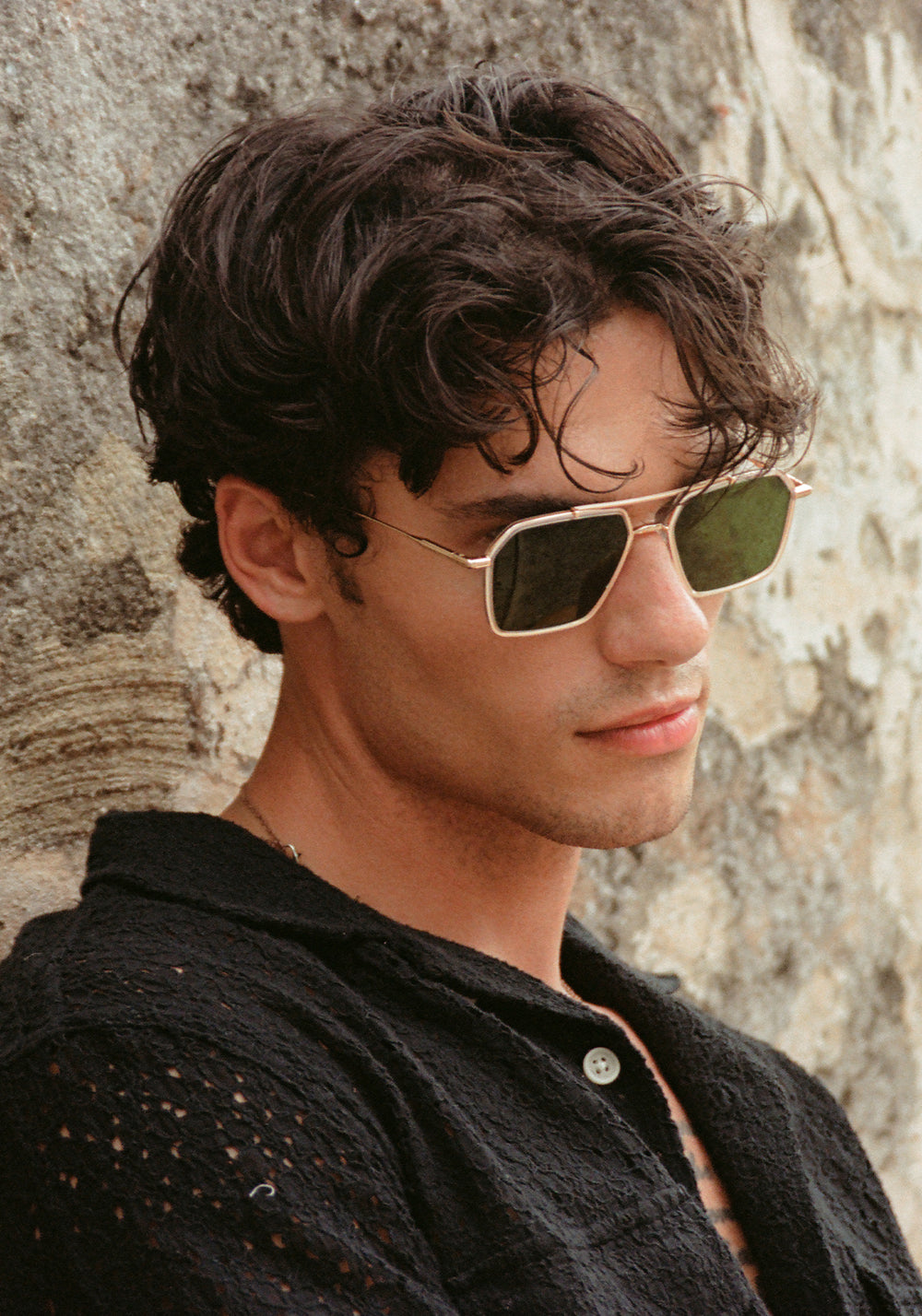 EMERY | 18K + Crystal Polarized luxury crystal clear acetate and stainless steel aviator KREWE polarized sunglasses mens model campaign | Model: Hayden