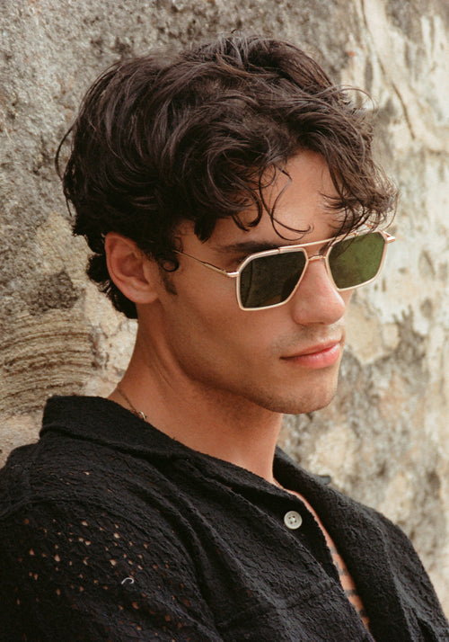 EMERY | 18K + Crystal Polarized luxury crystal clear acetate and stainless steel aviator KREWE polarized sunglasses mens model campaign | Model: Hayden